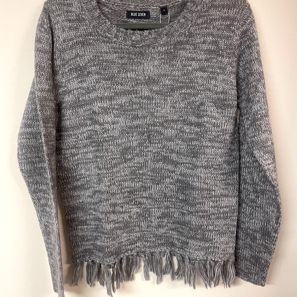 Women’s Crewneck Knit-Sweater, Fringed seam, long sleeve, Small, Blue Seven - Picture 3 of 15
